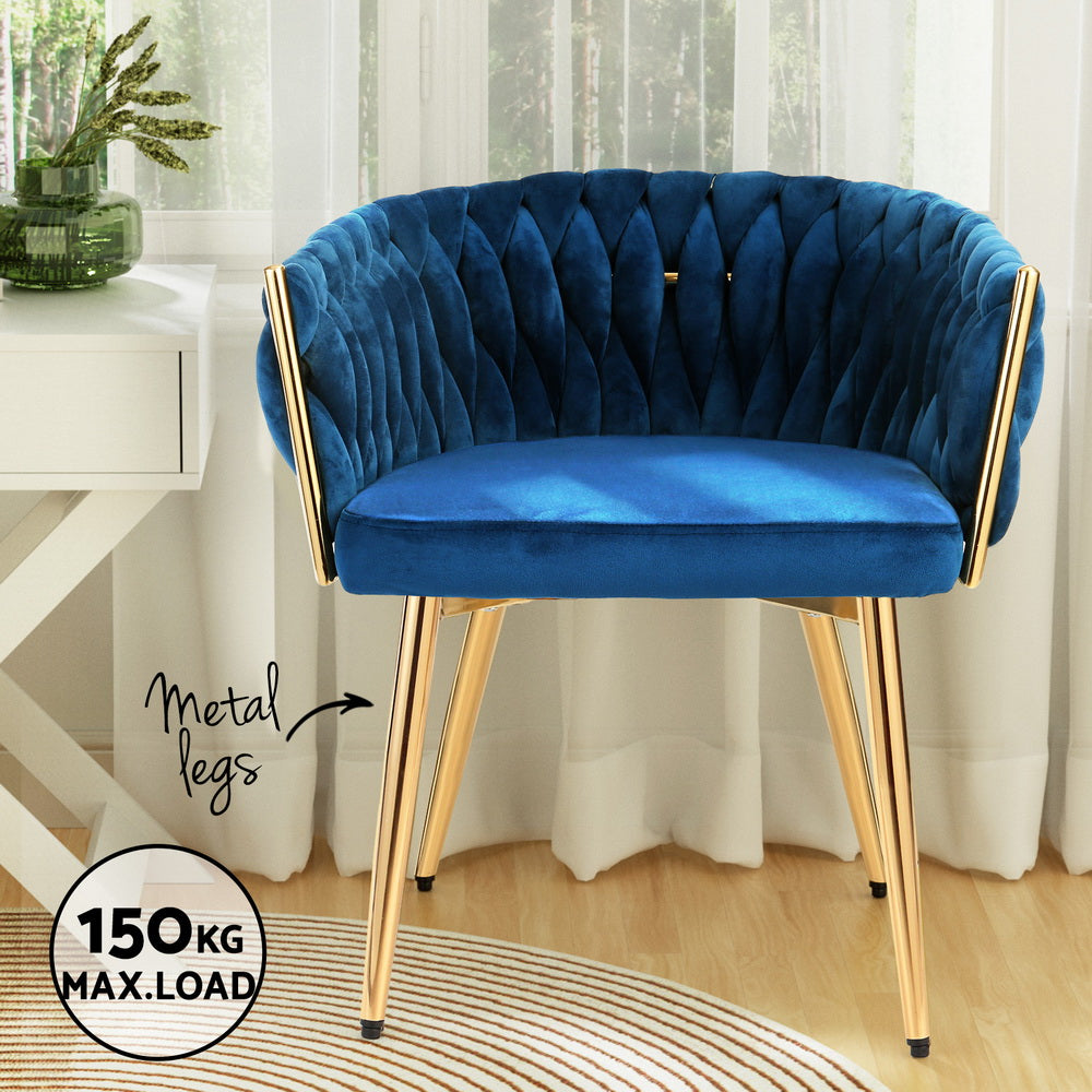 Artiss Dining Chair Velvet Weaving Armchair Blue - Furniture > Bar Stools & Chairs > Arm Chairs & Recliners