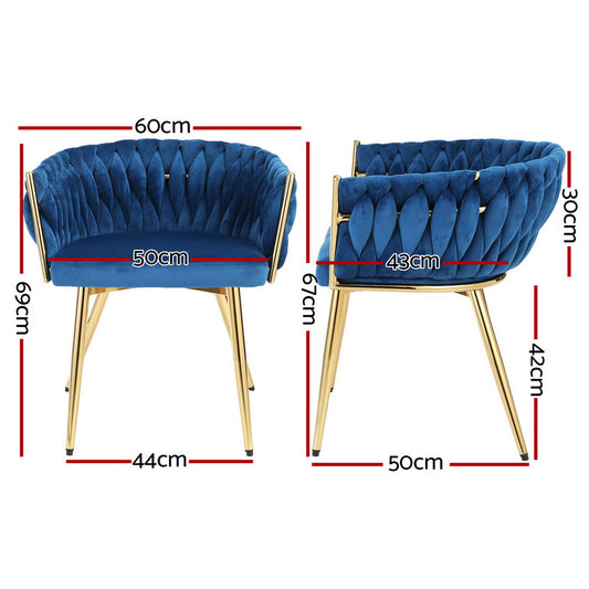 1 Set of 2 Artiss Dining Chairs Velvet Weaving Armchair Blue Furniture > Dining > Kitchen & Dining Chairs