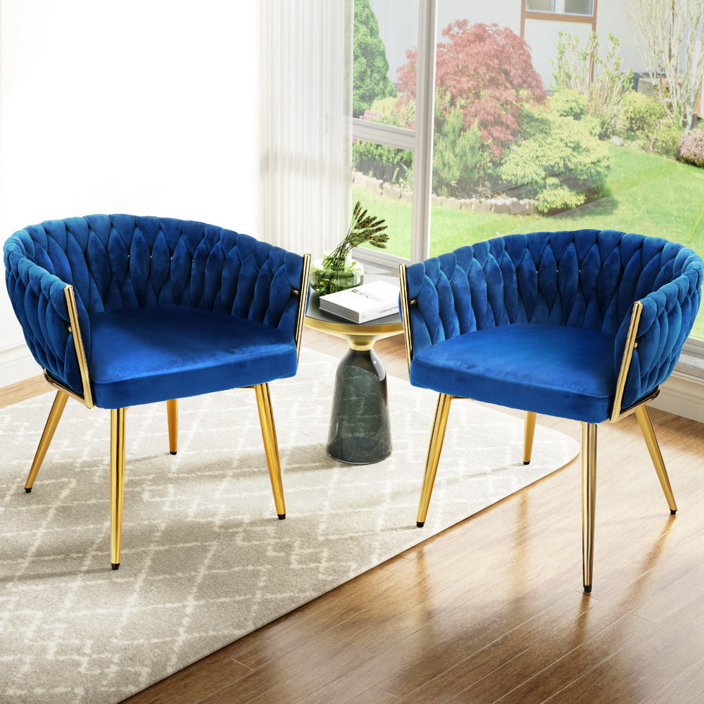 1 Set of 2 Artiss Dining Chairs Velvet Weaving Armchair Blue - Furniture > Dining > Kitchen & Dining Chairs