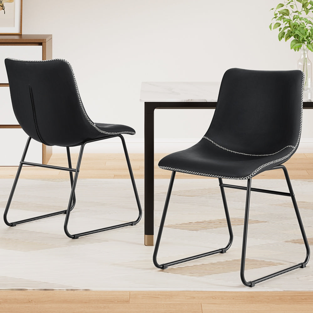 2x Dining Chairs Retro PU Leather Kitchen Lounge Cafe Accent Chair Black