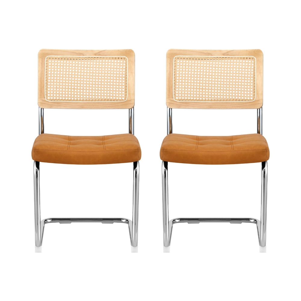 Dining Chairs Set of 2 PU Leather Rattan Cantilever Brown