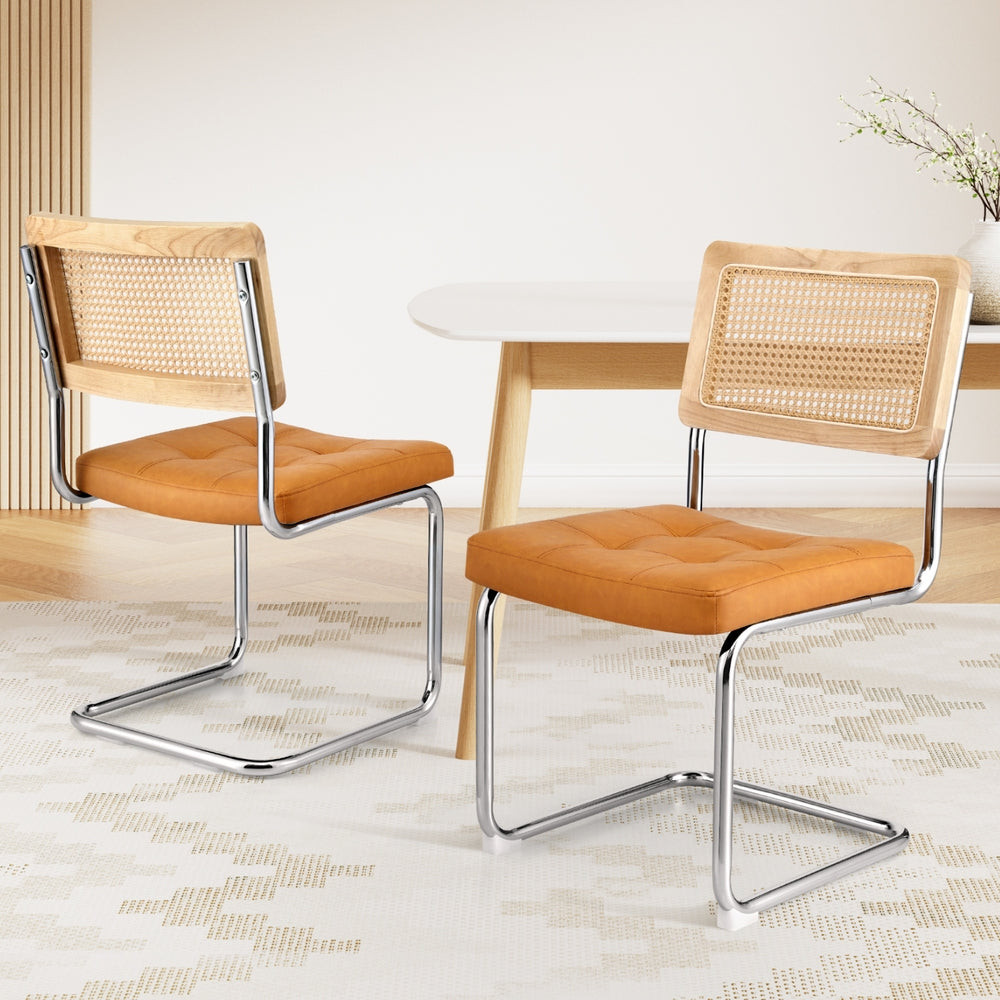 Dining Chairs Set of 2 PU Leather Rattan Cantilever Brown
