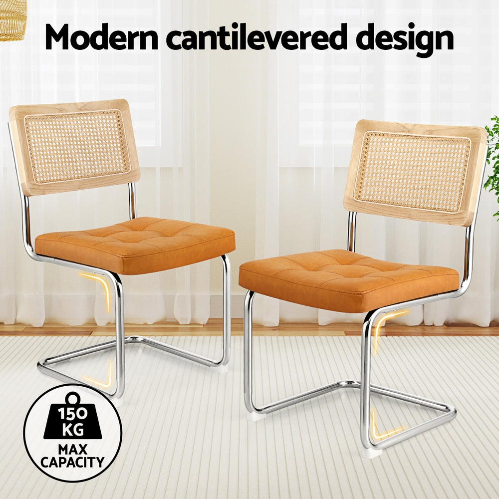 Dining Chairs Set of 4 PU Leather Rattan Cantilever Brown