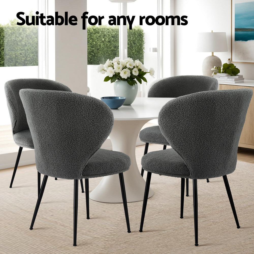 4x Dining Chairs Sherpa Boucle Wing Back Grey
