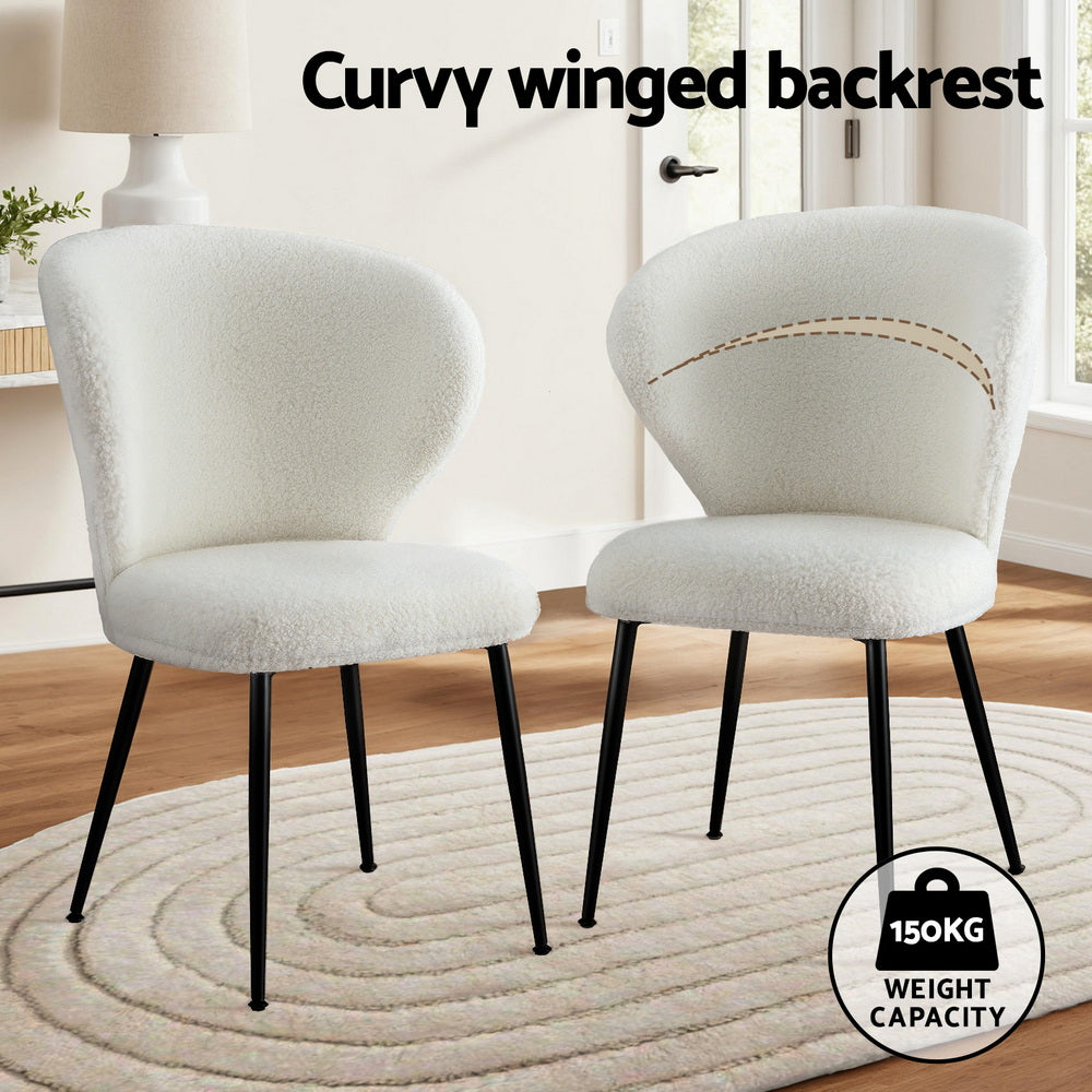 2x Dining Chairs Sherpa Boucle Wing Back White