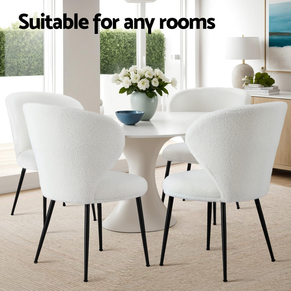 2x Dining Chairs Sherpa Boucle Wing Back White