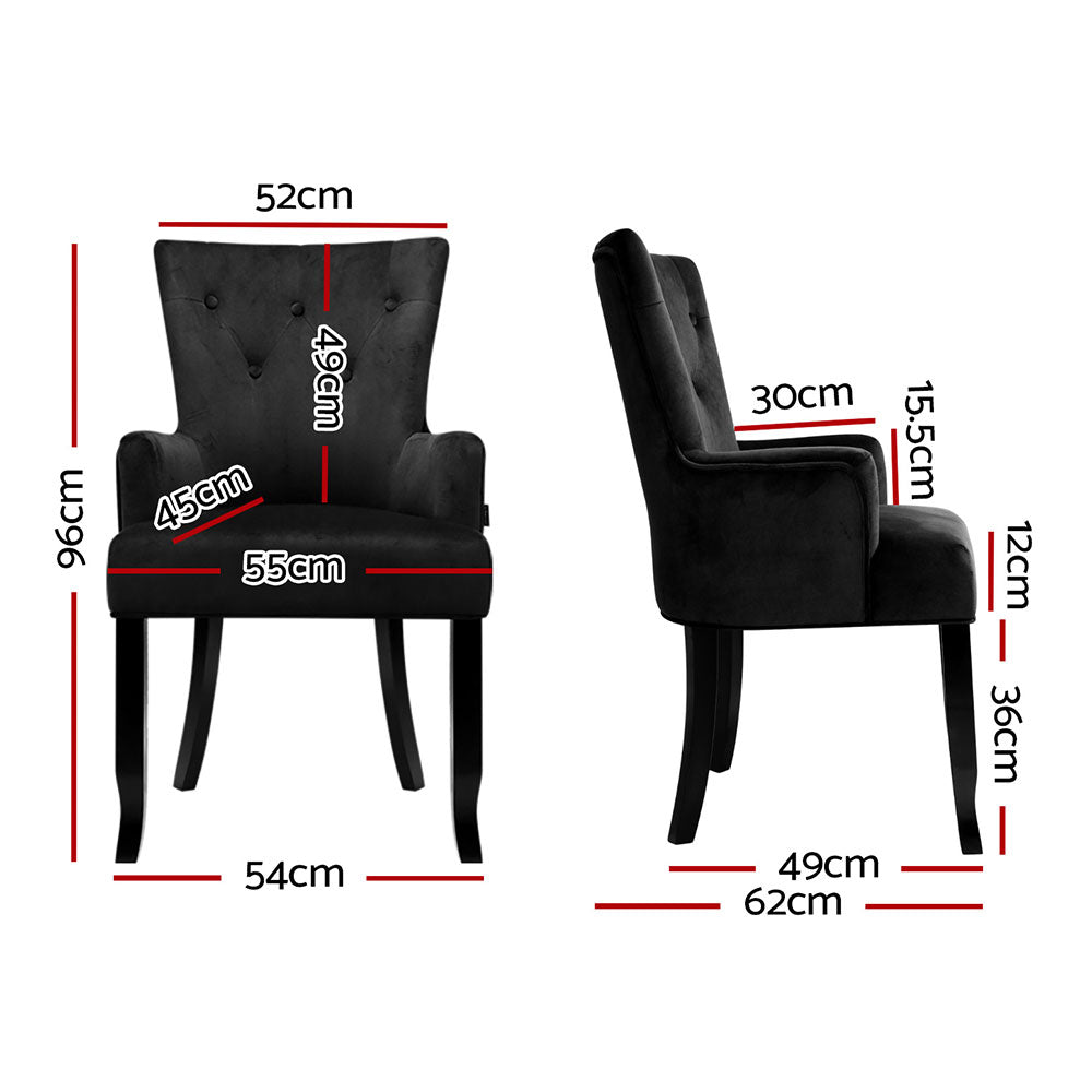 2x Artiss Dining Chairs Velvet French Provincial Armchair Black - Furniture > Bar Stools & Chairs > Arm Chairs &