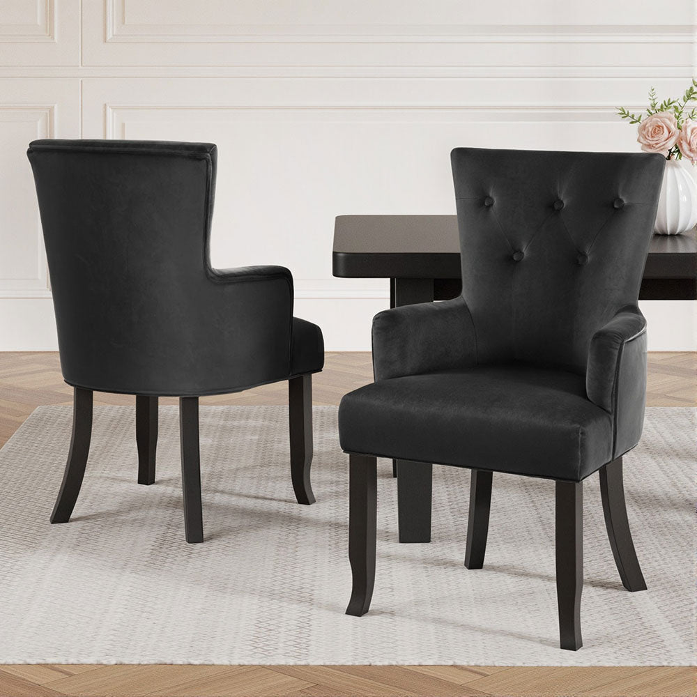 2x Artiss Dining Chairs Velvet French Provincial Armchair Black - Furniture > Bar Stools & Chairs > Arm Chairs &