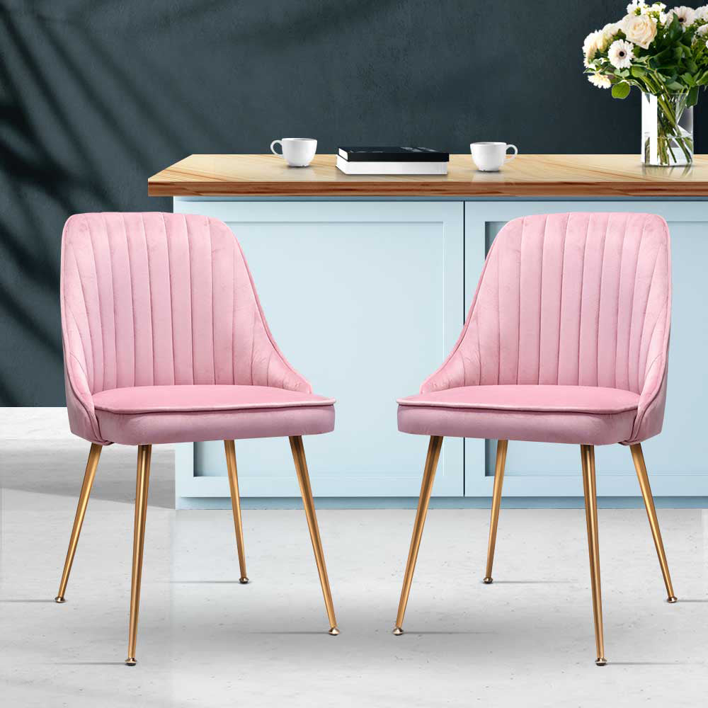 Artiss Dining Chairs Set of 2 Velvet Channel Tufted Pink - Furniture > Dining > Dining Set