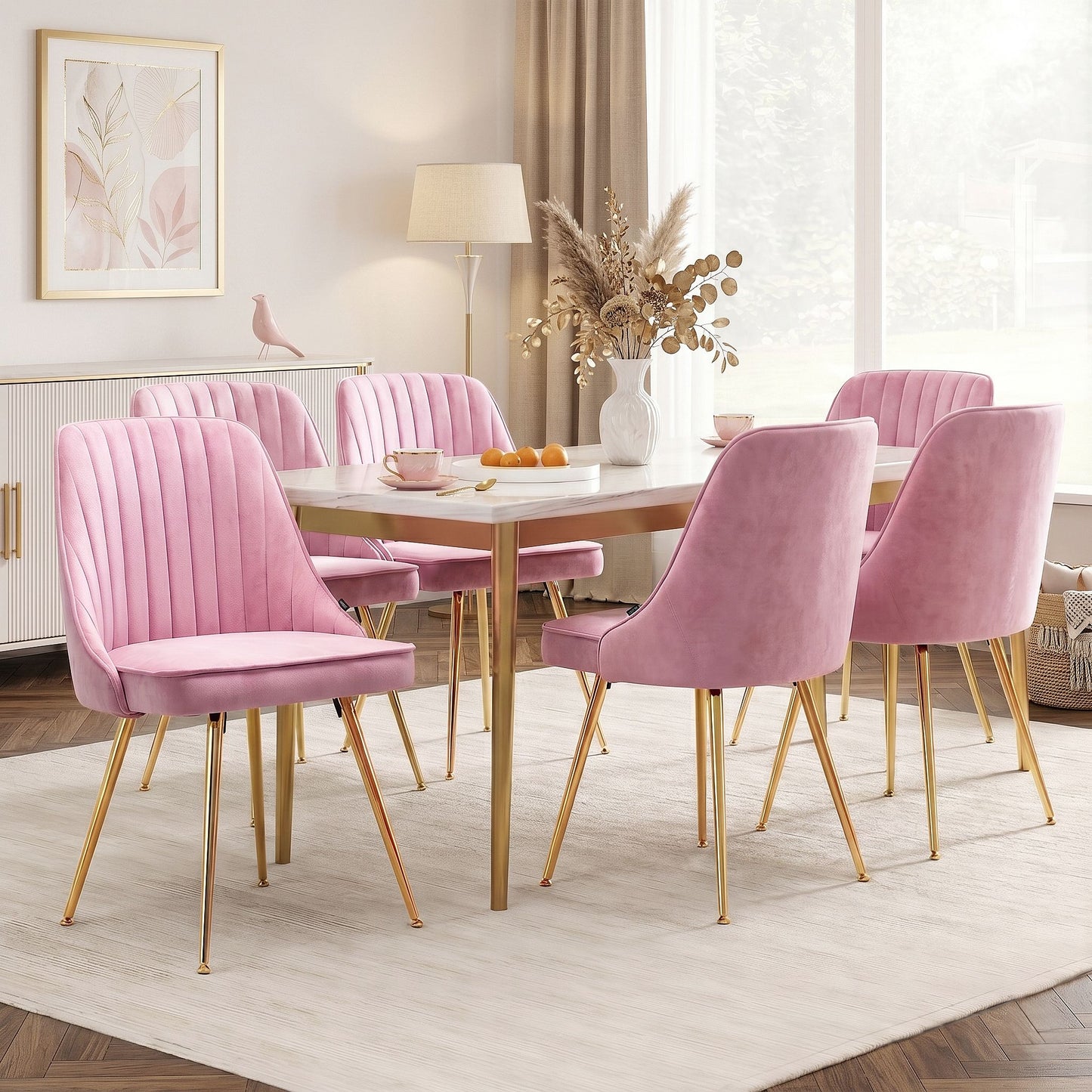 Dining Chairs Set of 6 Velvet Channel Tufted Pink