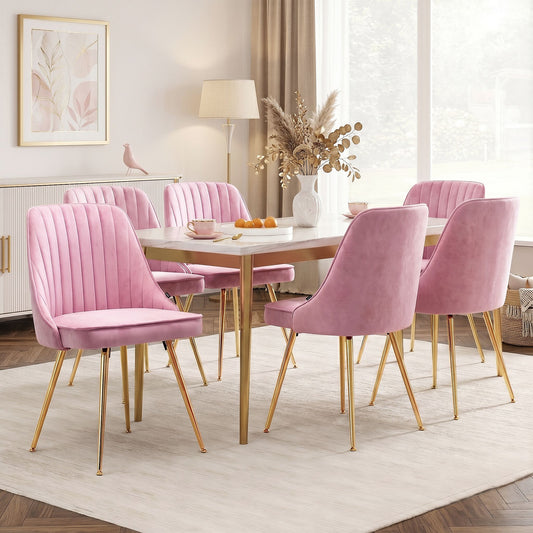 Dining Chairs Set of 6 Pink Velvet Channel Tufted