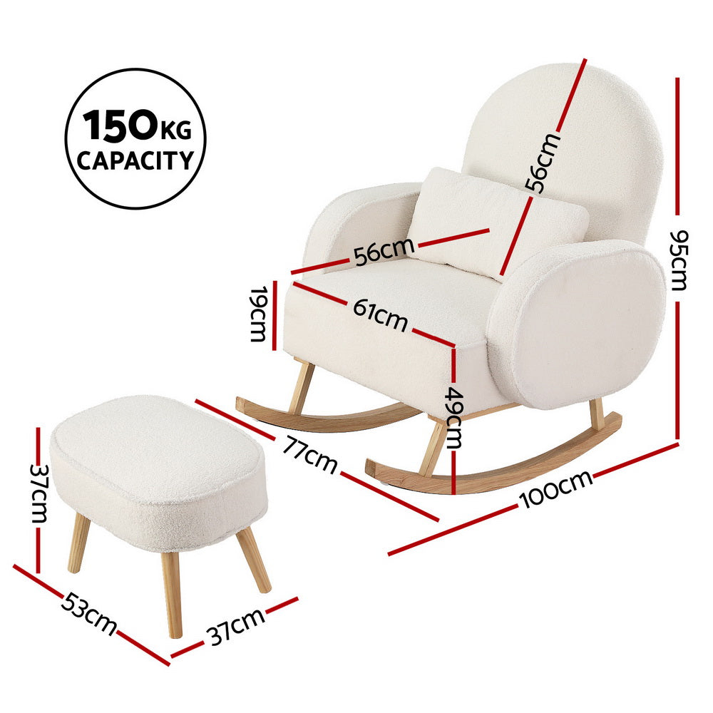 Artiss Armchair Rocking Chair Ottoman Lounge Footrest Round Nursing Boucle White - Furniture > Bar Stools & Chairs >