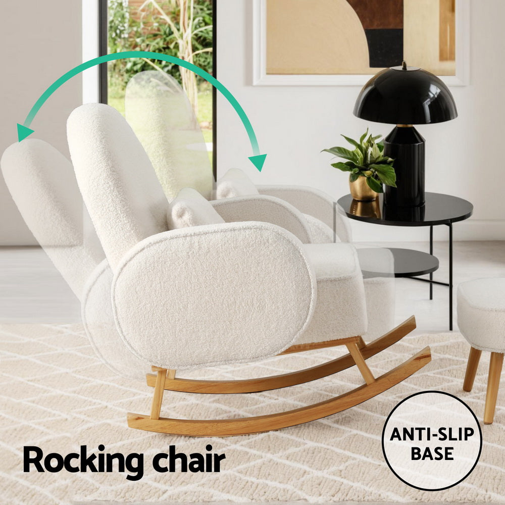 Artiss Armchair Rocking Chair Ottoman Lounge Footrest Round Nursing Boucle White - Furniture > Bar Stools & Chairs >