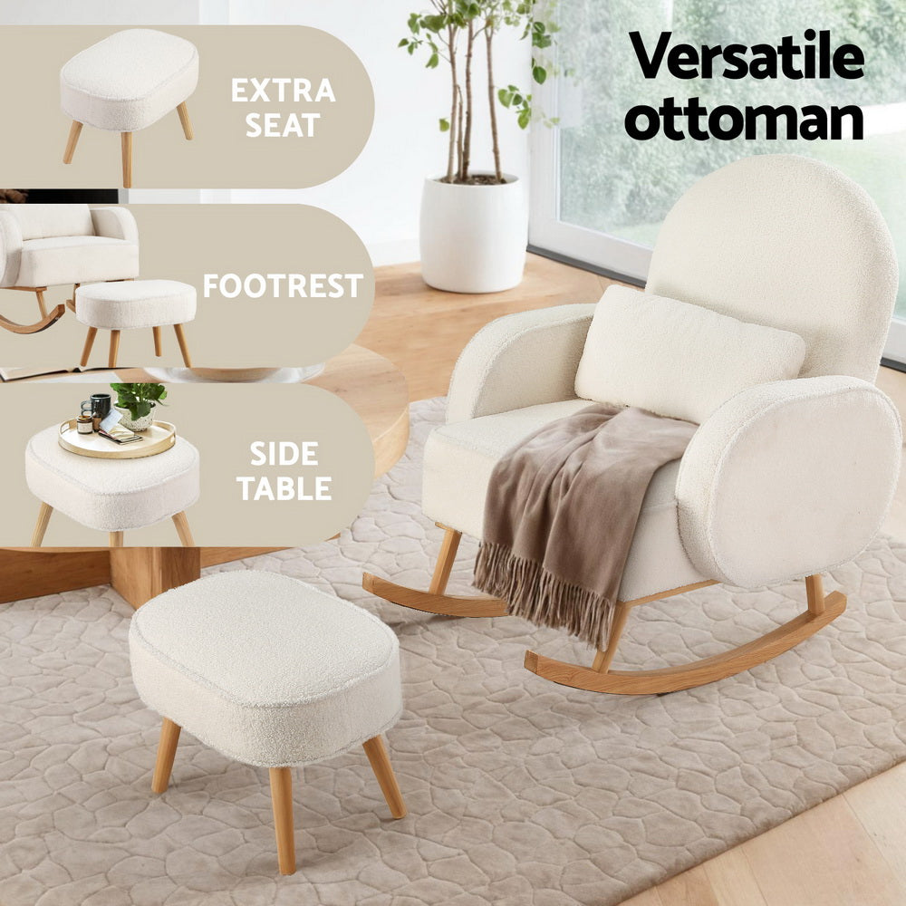 Artiss Armchair Rocking Chair Ottoman Lounge Footrest Round Nursing Boucle White - Furniture > Bar Stools & Chairs >