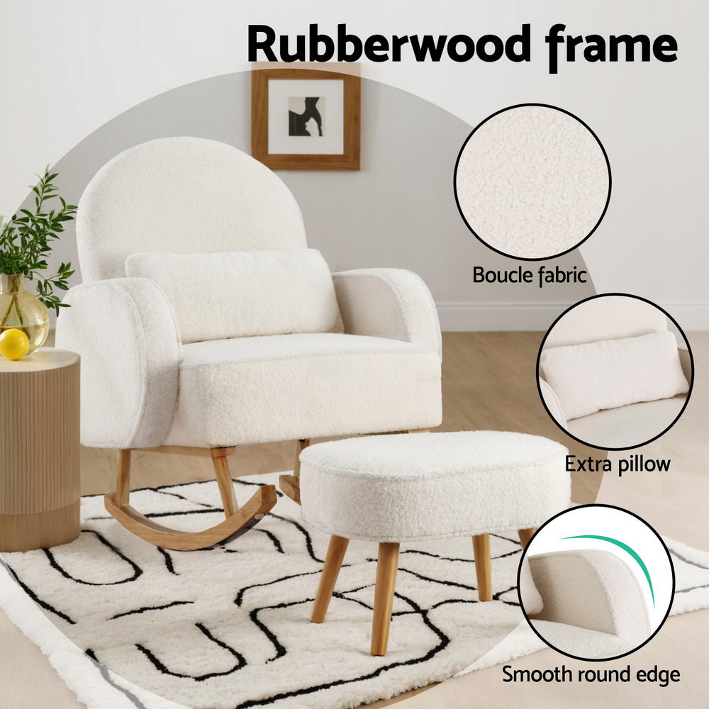 Artiss Armchair Rocking Chair Ottoman Lounge Footrest Round Nursing Boucle White - Furniture > Bar Stools & Chairs >