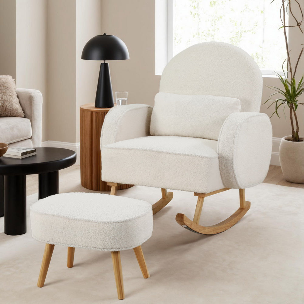 Artiss Armchair Rocking Chair Ottoman Lounge Footrest Round Nursing Boucle White - Furniture > Bar Stools & Chairs >