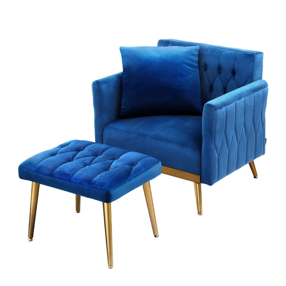 Artiss Armchair Ottoman Accent Chair Pillow Velvet Blue - Furniture > Bar Stools & Chairs > Arm Chairs & Recliners