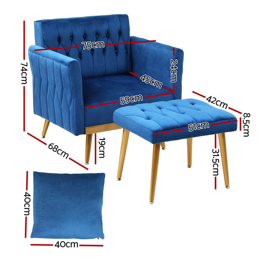 Artiss Armchair Ottoman Accent Chair Pillow Velvet Blue Furniture > Bar Stools & Chairs > Arm Chairs & Recliners