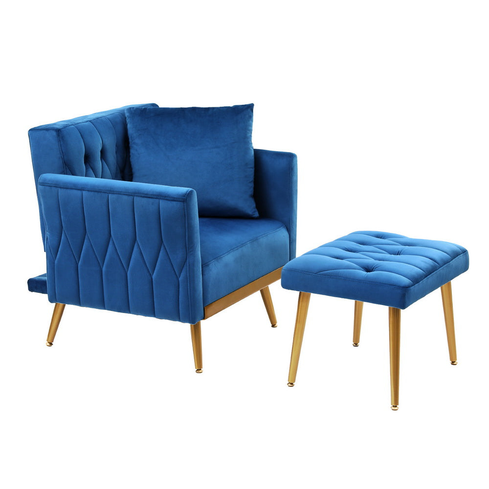 Artiss Armchair Ottoman Accent Chair Pillow Velvet Blue - Furniture > Bar Stools & Chairs > Arm Chairs & Recliners