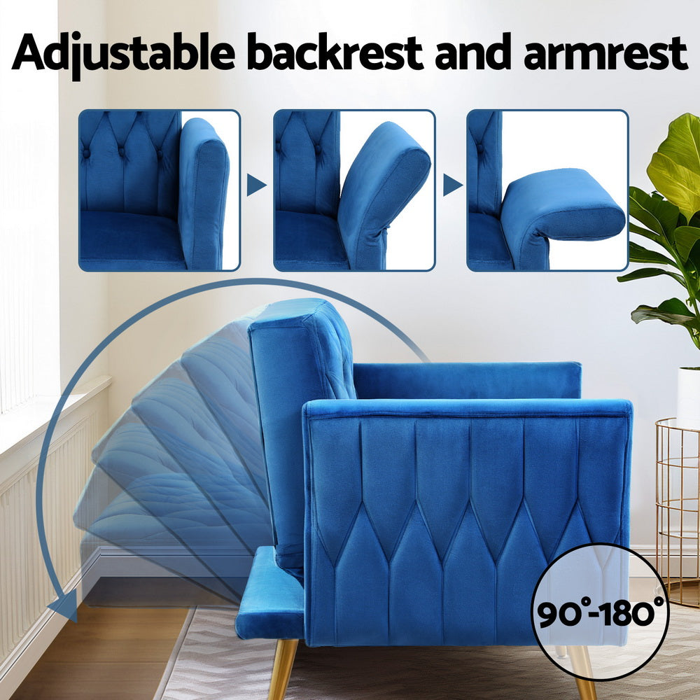 Artiss Armchair Ottoman Accent Chair Pillow Velvet Blue - Furniture > Bar Stools & Chairs > Arm Chairs & Recliners