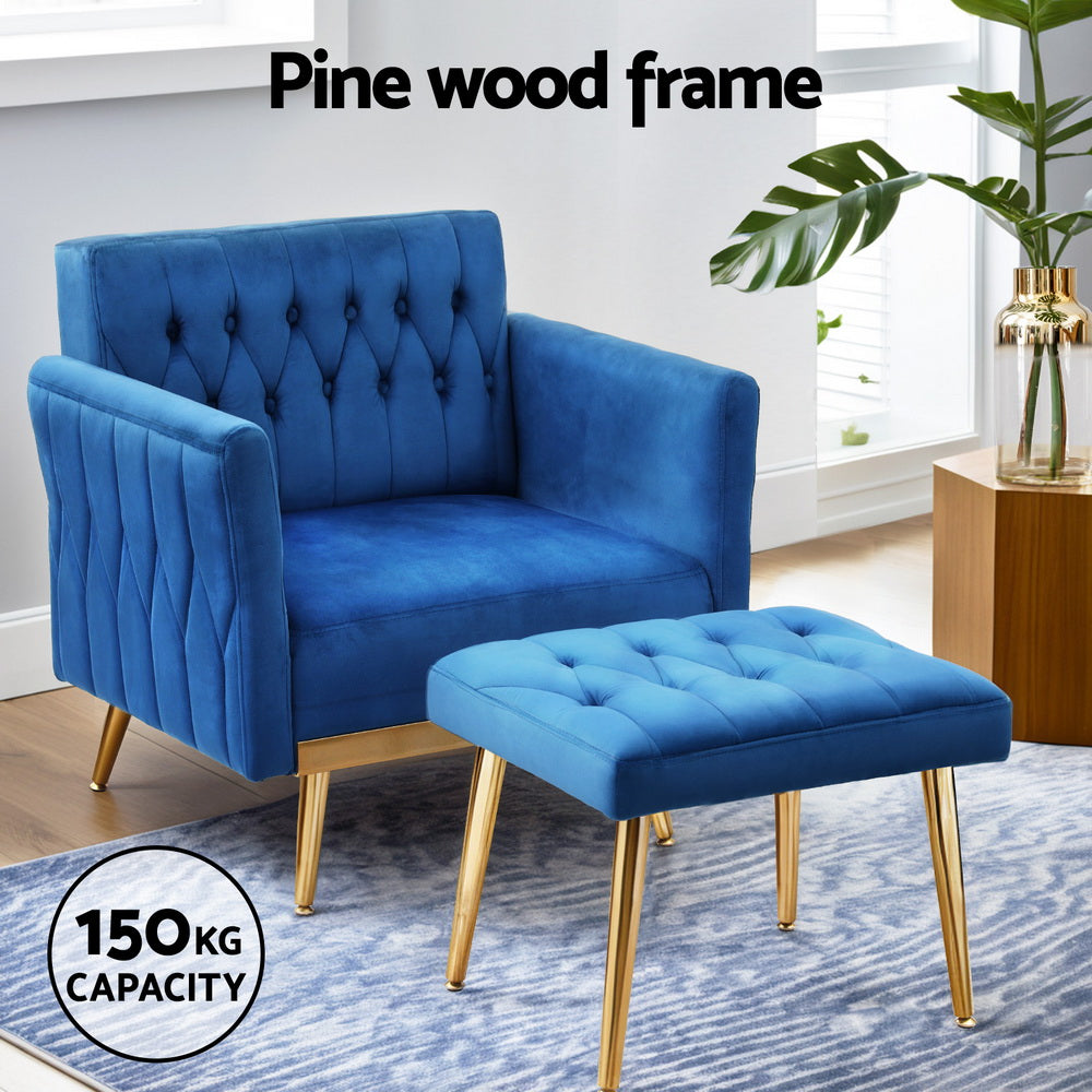 Artiss Armchair Ottoman Accent Chair Pillow Velvet Blue - Furniture > Bar Stools & Chairs > Arm Chairs & Recliners