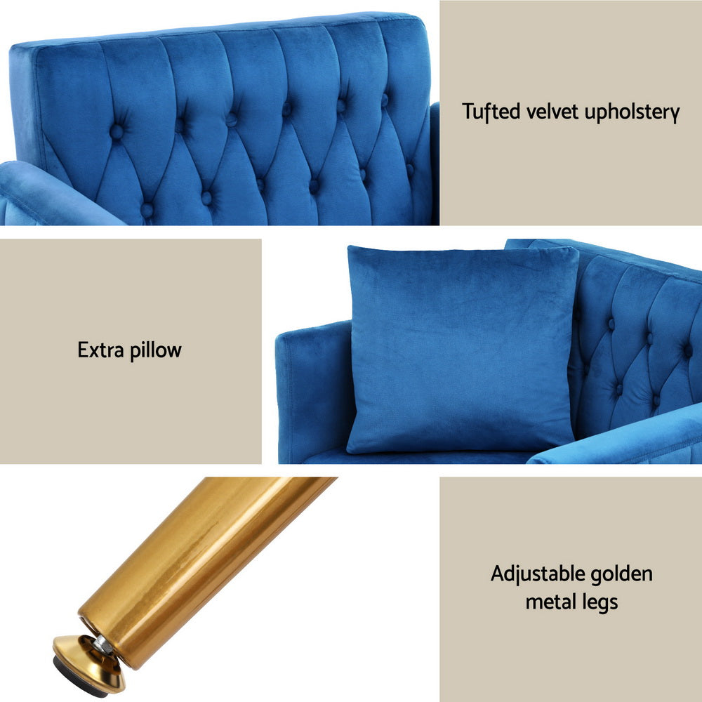 Artiss Armchair Ottoman Accent Chair Pillow Velvet Blue - Furniture > Bar Stools & Chairs > Arm Chairs & Recliners