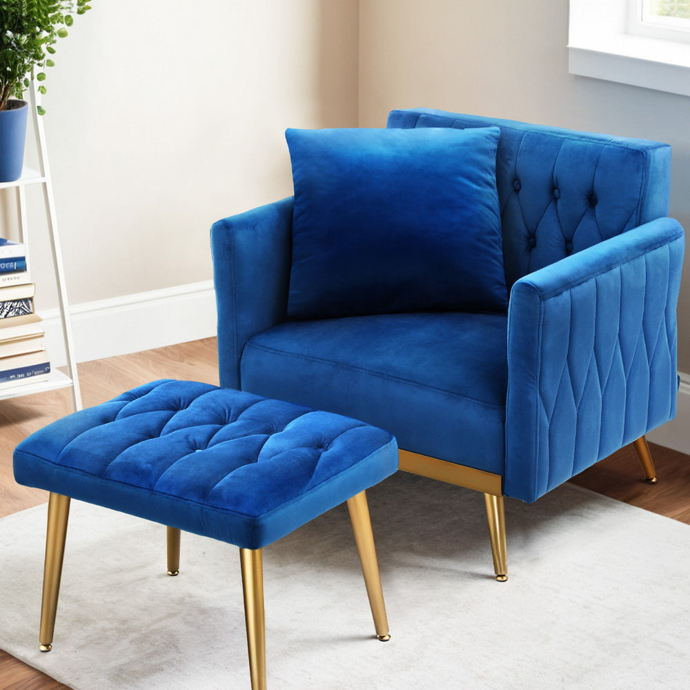 Artiss Armchair Ottoman Accent Chair Pillow Velvet Blue - Furniture > Bar Stools & Chairs > Arm Chairs & Recliners