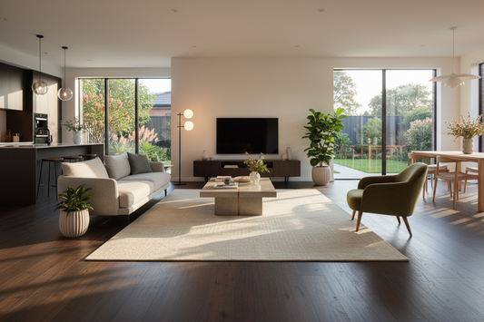 Modern living room with a sofa, coffee table, and TV in a well-lit room.
