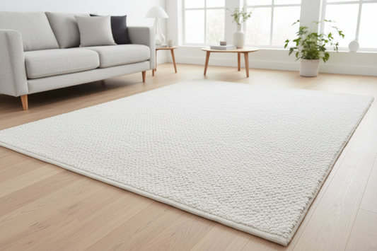 White rug on a wooden floor with a gray sofa and a small table in the background.