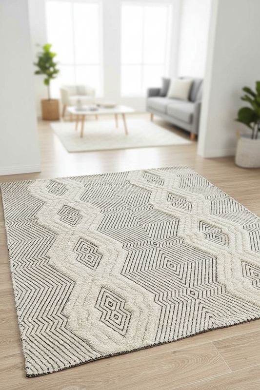 Patterned rug on a wooden floor with a living room in the background