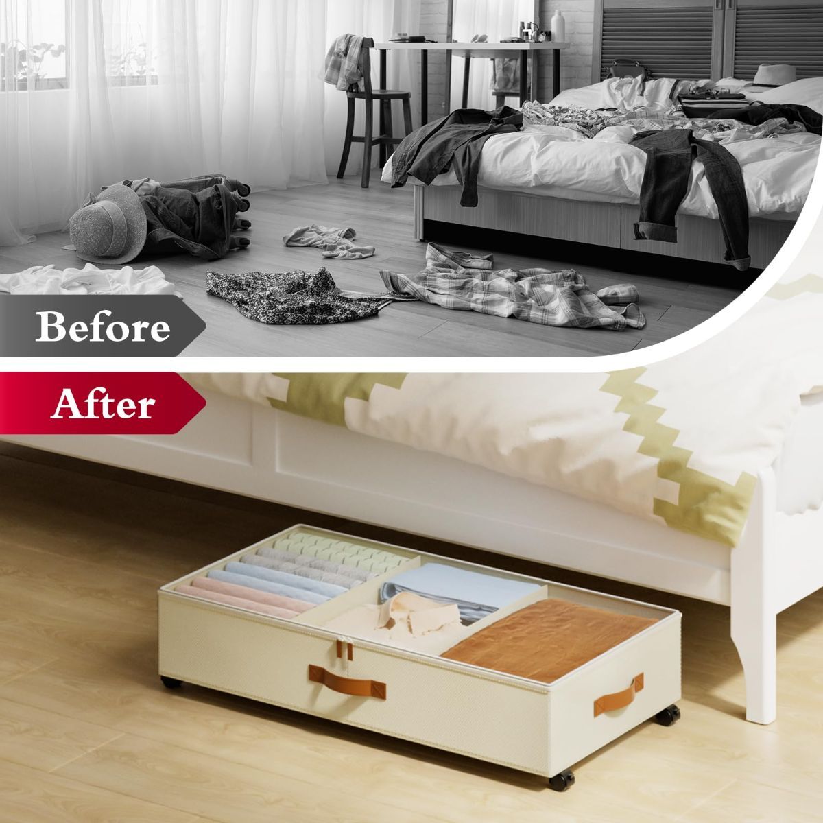 2 Pack Under Bed Storage with Wheels, Under Bed Storage Containers with Adjustable Dividers & Clear Lid, Rolling Underbed Organizer Bins Drawer for Clothes, Shoes, Blankets - Beige - Size 30.3 x 16 x 6.7 inches