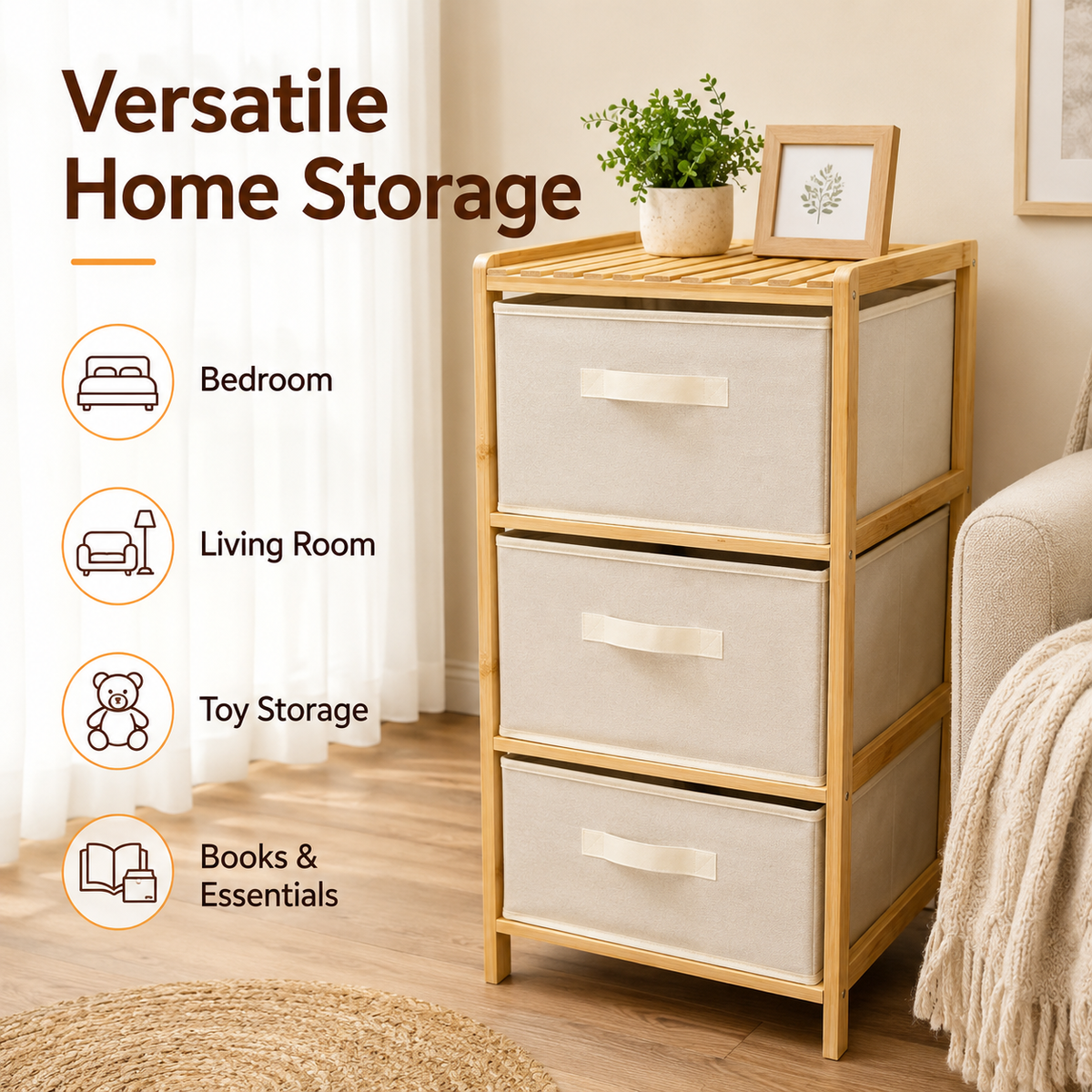 3 Drawer Bamboo Storage Chest Fabric Drawers Multi-Purpose Organiser for Bedroom Bathroom Laundry