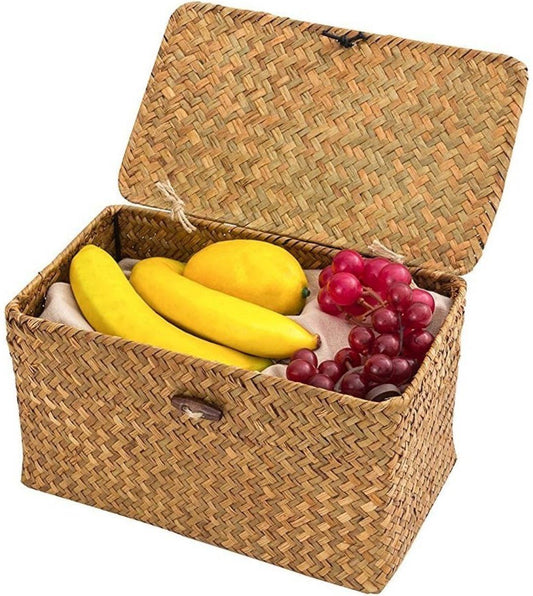 Handwoven Rattan Storage Box with Lid and Removable Dividers, 26 x 16 x 10 cm
