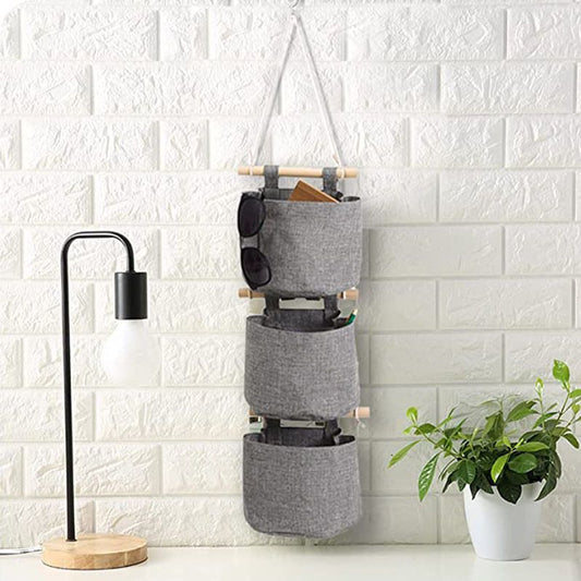 Cotton Linen Fabric Closet Detachable Foldable Washable Hanging Storage Bag with 3 Pockets Over The Wall Door Organizer for Room