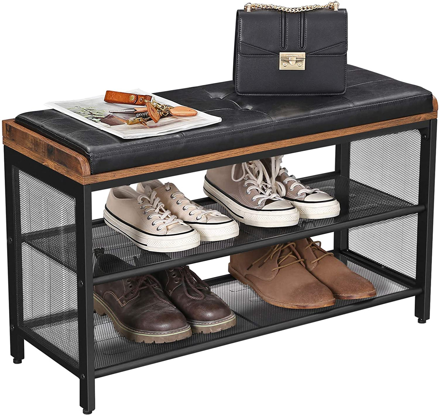 Shoe Bench with Mesh Shelf and Faux Leather Vintage Brown Black 80 x 30 x 48 cm Furniture > Living Room