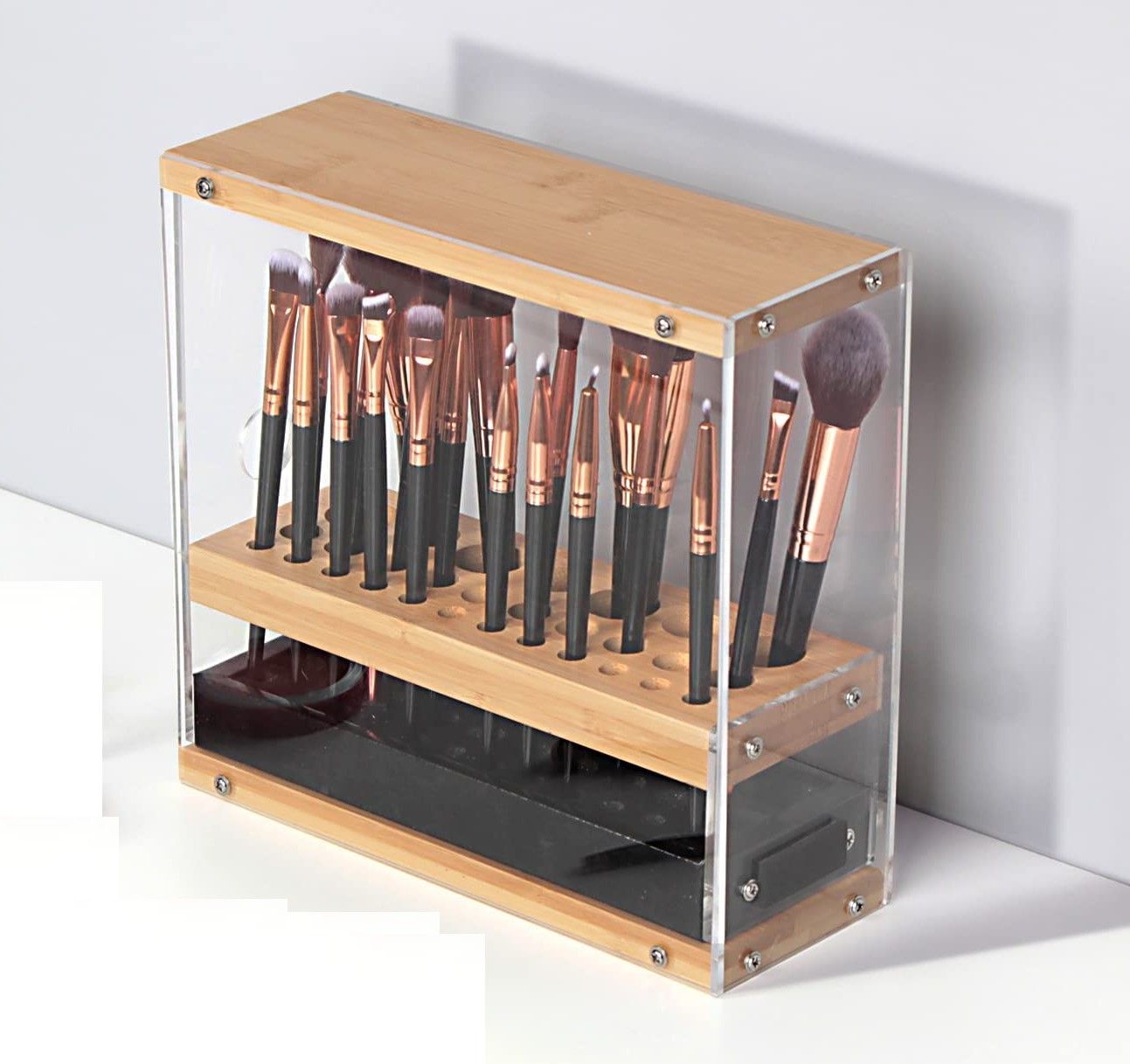 31 Holes Acrylic Bamboo Brush Holder Organiser Beauty Cosmetic Display Stand with Leather Drawer Black (22.3 x 8.6 x