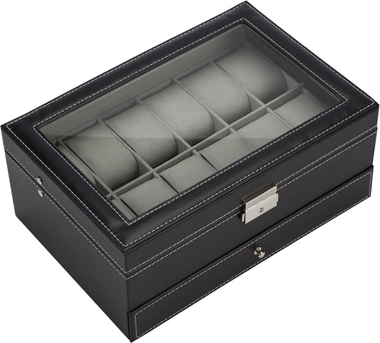 Black Leather Watch Box Jewelry Display Case with Drawers (12 Slots with 2 Layers) - Home & Garden > Storage