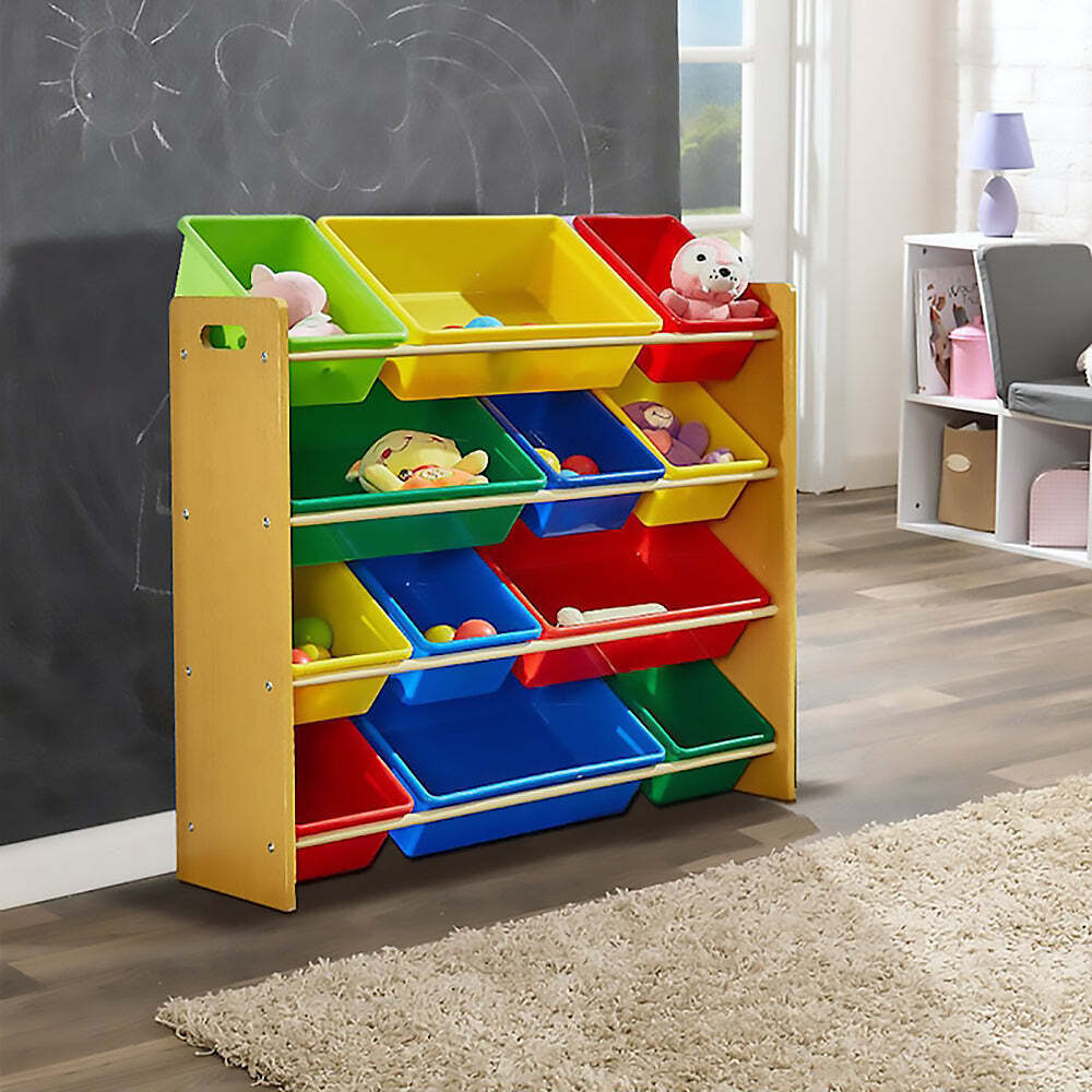 Kids Organiser Shelf Storage Rack for Toys - 12 Multicoloured Bins - Baby & Kids > Kid’s Furniture > Kid’s Tables