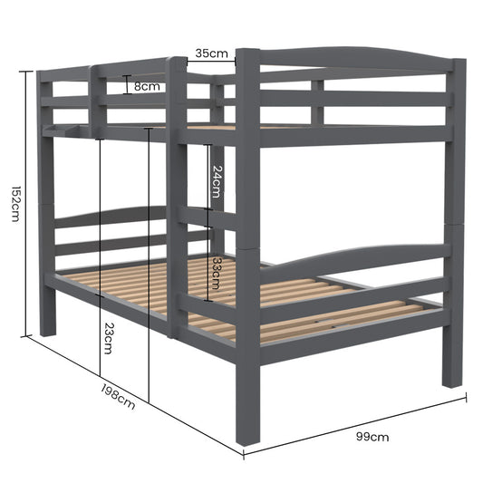 KINGSTON SLUMBER Single Bunk Bed Frame Solid Pine 2-in-1 Modular Design Converts to 2 Single Beds For Kids Grey