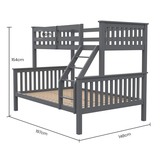 Kingston Slumber Bunk Bed Triple Wooden Single Over Double Beds for Kids Solid Pine Wood Convertible Design Grey