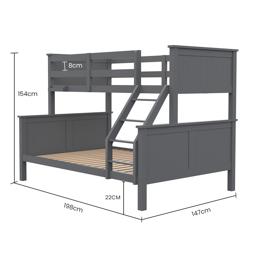 Kingston Slumber Triple Wooden Single Over Double Bunk Bed Frame for Kids Convertible Design Grey - Furniture > Bedroom