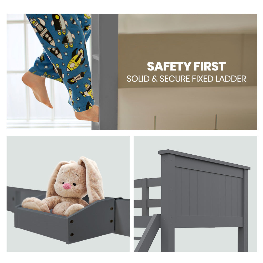 Kingston Slumber Triple Wooden Single Over Double Bunk Bed Frame for Kids Convertible Design Grey - Furniture > Bedroom