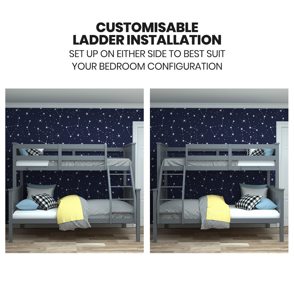 Kingston Slumber Triple Wooden Single Over Double Bunk Bed Frame for Kids Convertible Design Grey - Furniture > Bedroom