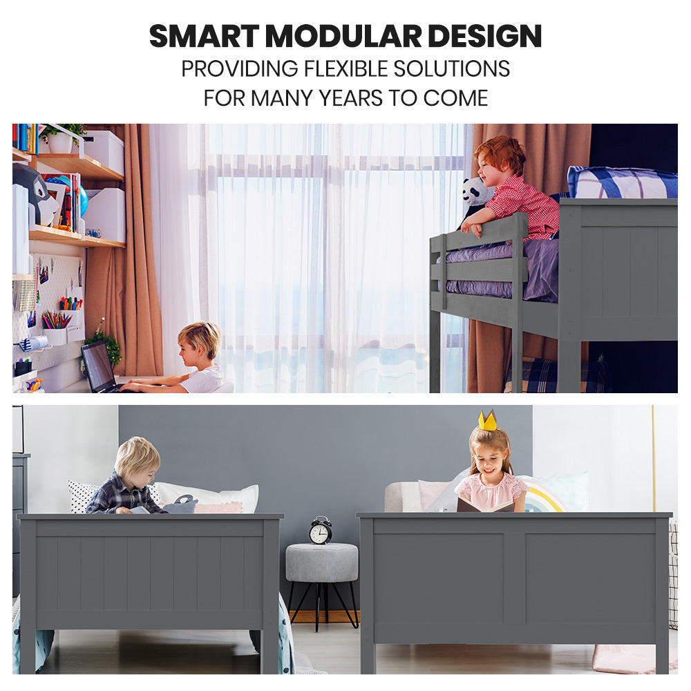 Kingston Slumber Triple Wooden Single Over Double Bunk Bed Frame for Kids Convertible Design Grey - Furniture > Bedroom