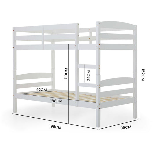 KINGSTON SLUMBER Single Bunk Bed Frame Solid Pine 2-in-1 Modular Design White - Furniture > Bedroom > Beds & Bed Frames