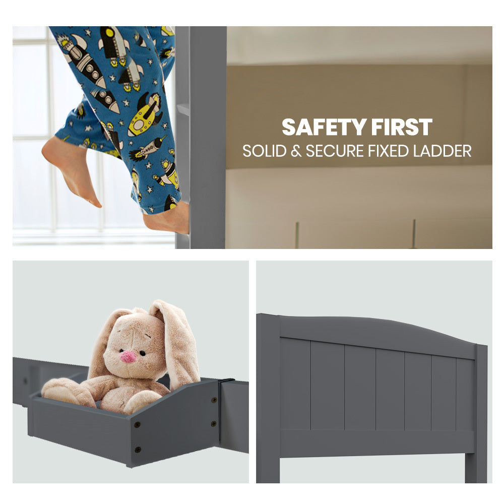 KINGSTON SLUMBER Single Bunk Bed Frame Solid Pine 2 in 1 Modular Design Convert to 2 Single Beds Grey Furniture >