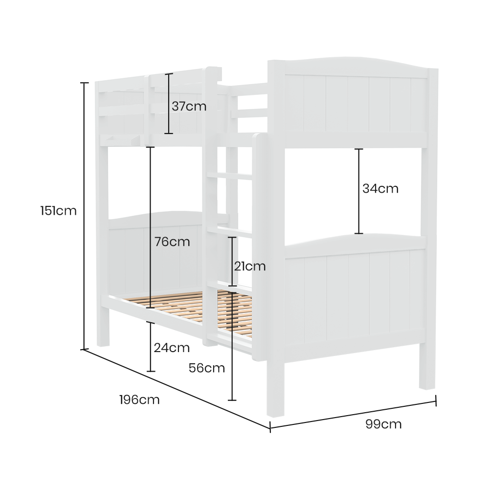 Kingston Slumber Single Bunk Bed Frame Solid Pine Wood Timber Modular Design White - Furniture > Bedroom > Beds & Bed