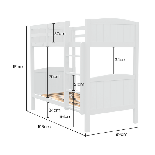 Kingston Slumber Single Bunk Bed Frame Solid Pine Wood Timber Modular Design White - Furniture > Bedroom > Beds & Bed