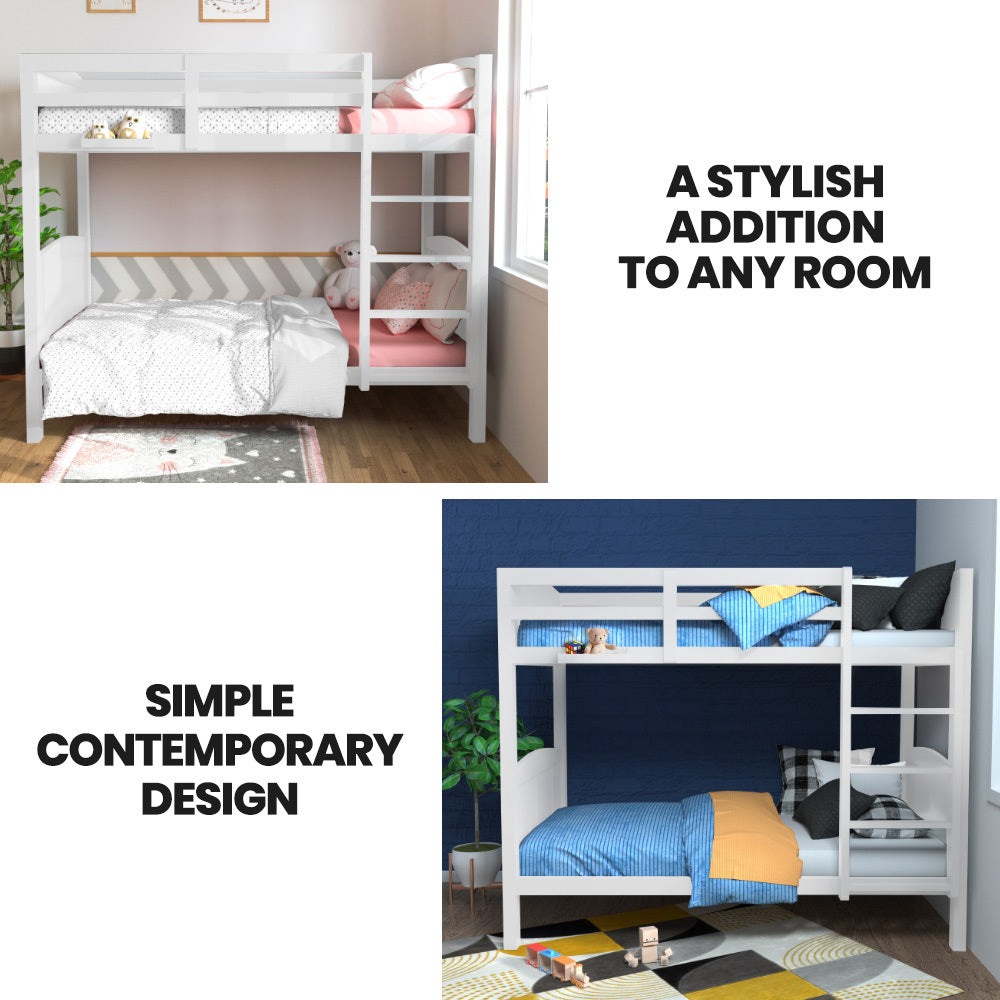 Kingston Slumber Single Bunk Bed Frame Solid Pine Wood Timber Modular Design White - Furniture > Bedroom > Beds & Bed