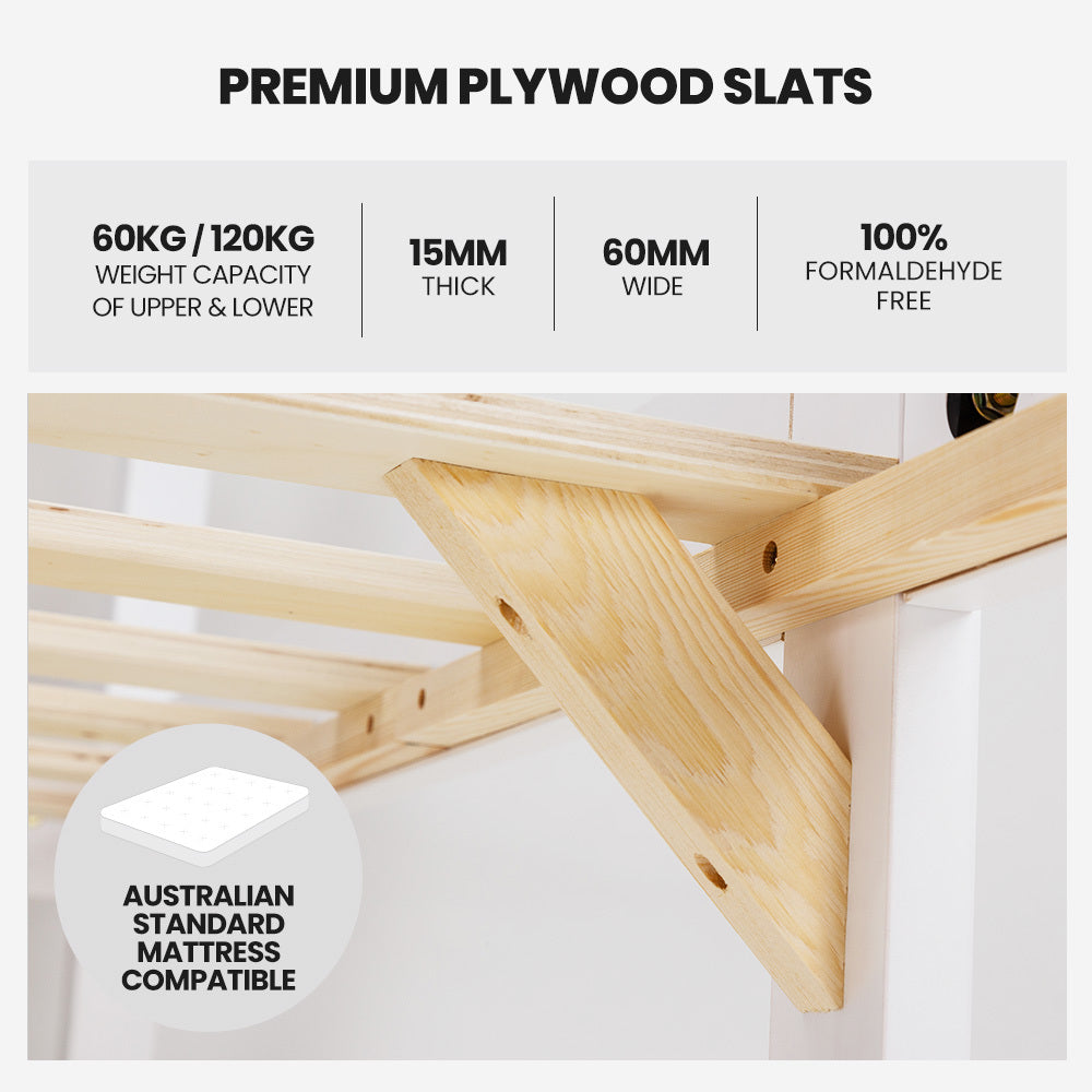 Kingston Slumber Single Bunk Bed Frame Solid Pine Wood Timber Modular Design White - Furniture > Bedroom > Beds & Bed